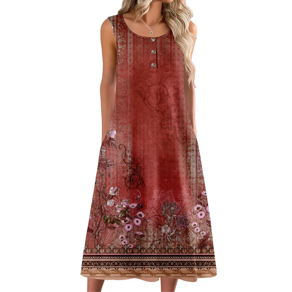 Women's Fashion Casual Sleeveless Button Floral Print Dress with Pocket