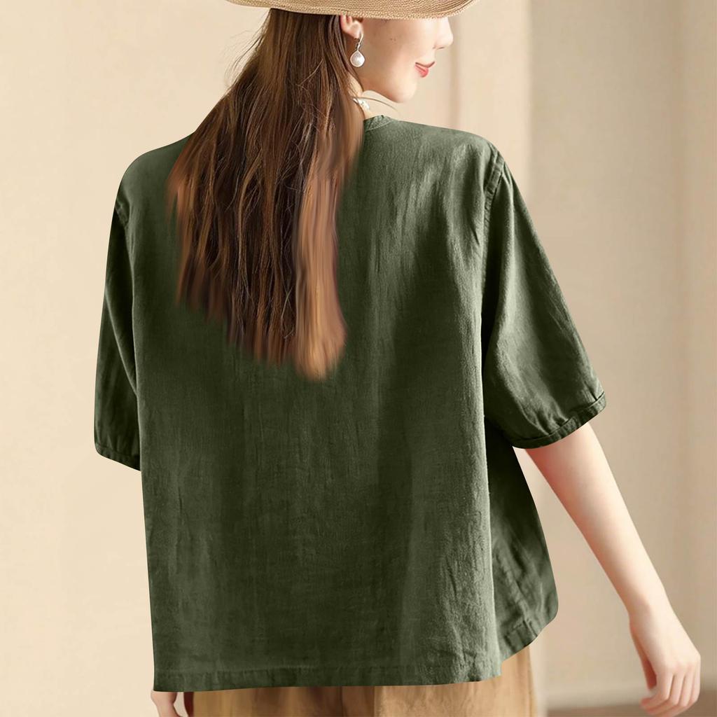 Women's Vintage Oversized Literary Cardigan Cotton-Linen Blend With Pockets Single Breasted Button Up Short Sleeve Top With Elegant Appeal