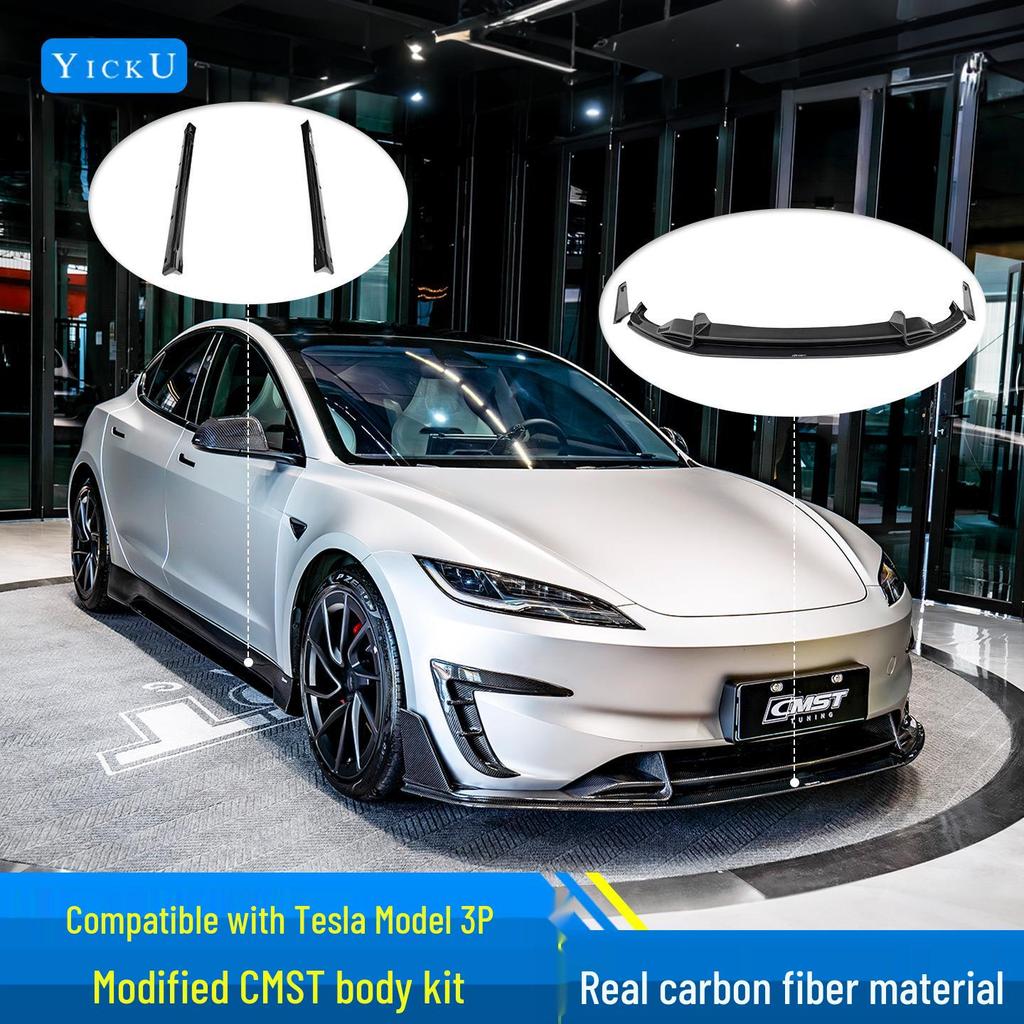 Upgrade your Tesla Model 3 P with CMST carbon fiber front lip with lights, rear lip, air intakes, and side skirts.