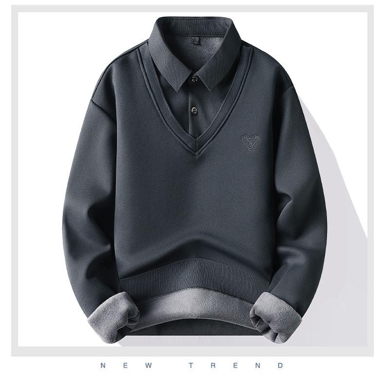 Men's Fleece-Lined Two-Piece Look Warm Sweater with Shirt Collar