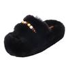 Ins fluffy slippers women wear Internet celebrities 2025 autumn and winter cute beaded plush home one-word cotton slippers