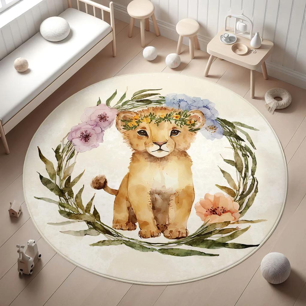 Cute Lions Themed Carpet,Baby Lion Round Rug,Safari Playmat for Boys Room, Non-Slip Round Rug, Washable Kids Rug