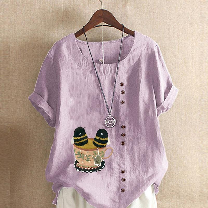 Women's Fashion Cute Bee Print Short Sleeve T-shirt Loose Cotton Shirt Casual Loose Summer Blouse Tops Plus Size