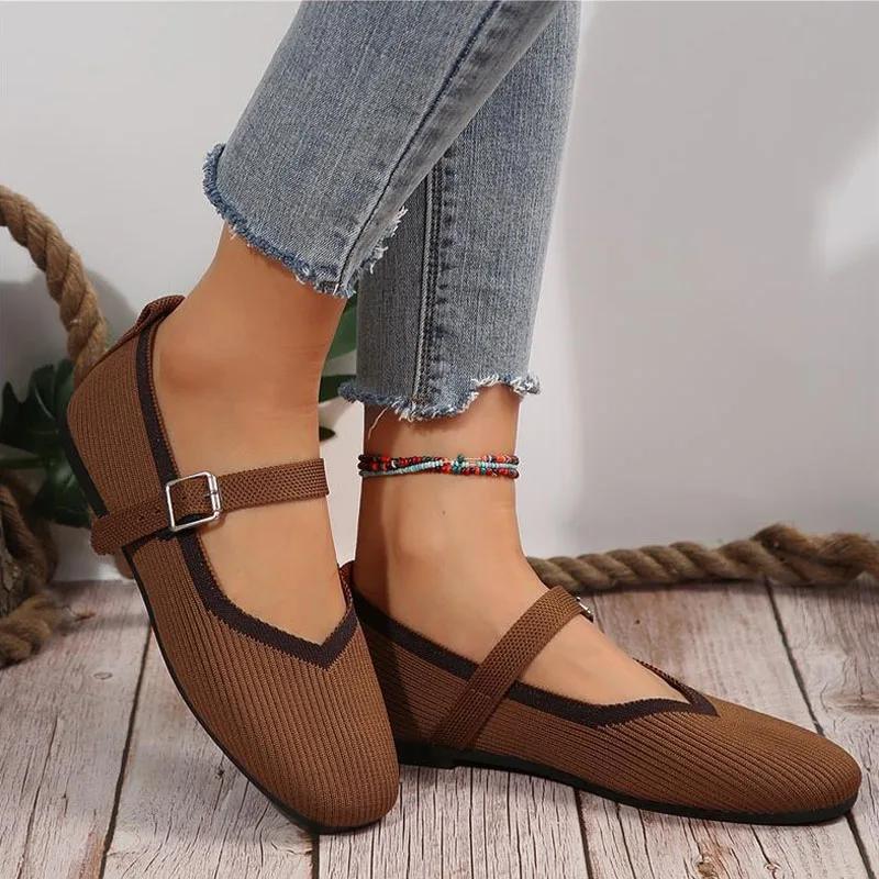Seasons Women's Shoes Elegant Ballet Flats Fashion Pumps Buckle Strap Mary Jane Shoes Knitted Fabric Casual Shoes Ladies Loafers