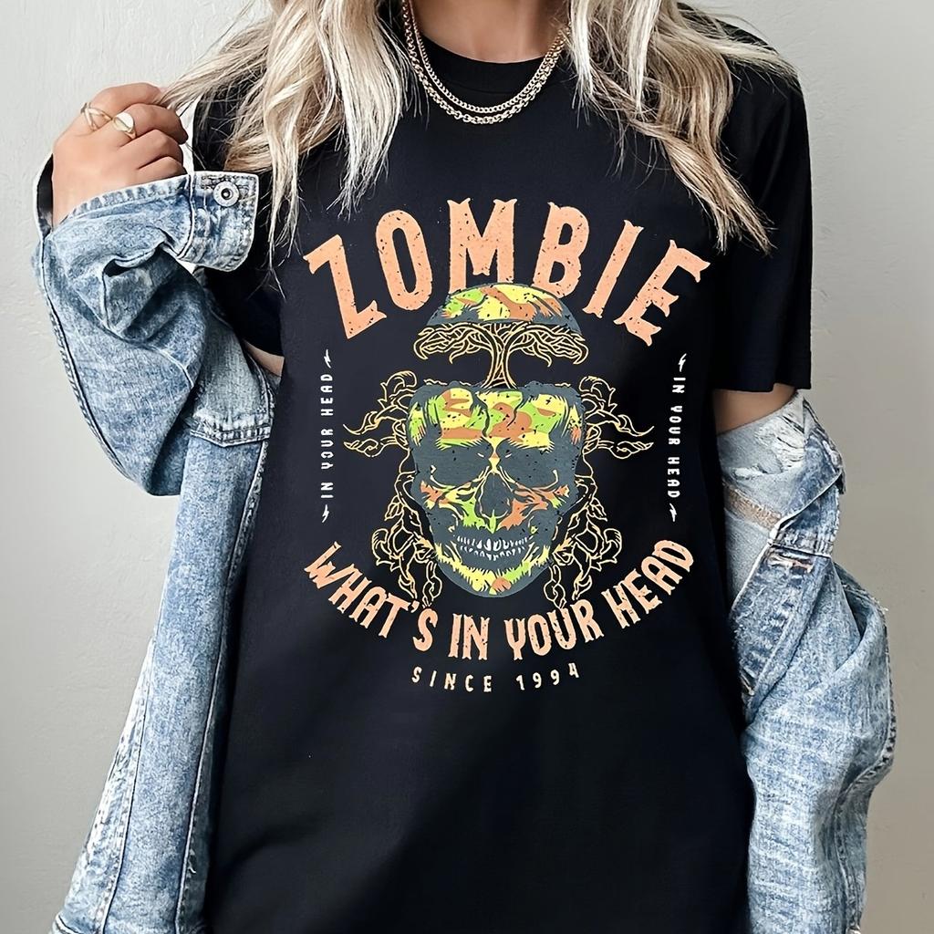 Vintage Zombie Graphic pc Womens Casual Polyester Round Neck TShirt Regular Length SpringSummer Collection