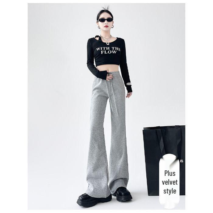 American Spicy Girl Women's Gray Fleece-Lined Bootcut Yoga Pants: Winter Warm, Elastic Waist, Casual Micro Flare.