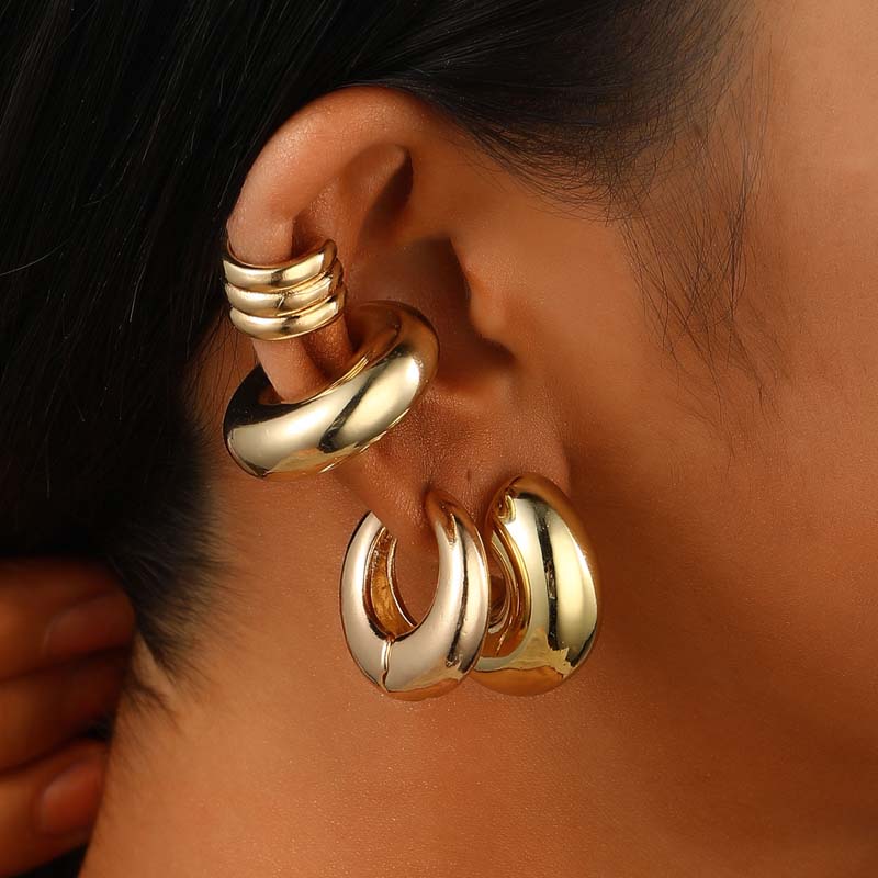 Vintage Gold C-Shaped Ear Clip for Women Exaggerated Metal Non-Piercing Ear Cuff Circular Earrings Party Jewelry Set Gifts