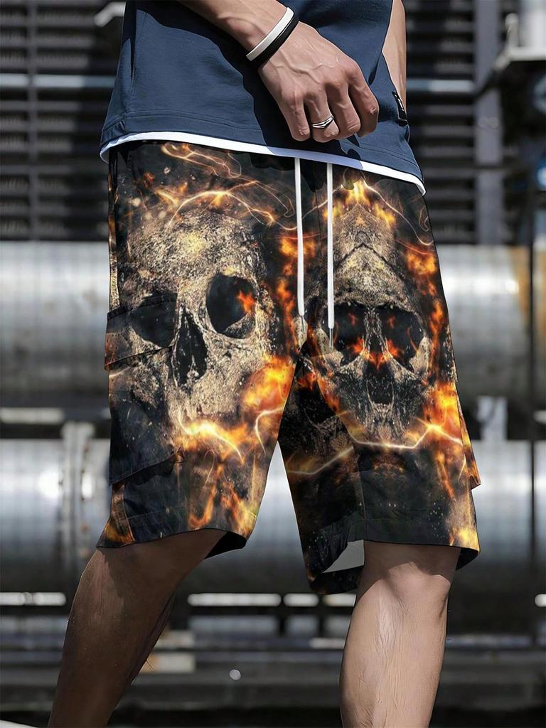 3D Digital Printed Flame Skull Pattern Men's Beach Shorts, Summer Casual Vacation Style Men's Bottoms, Men's Cargo Pants
