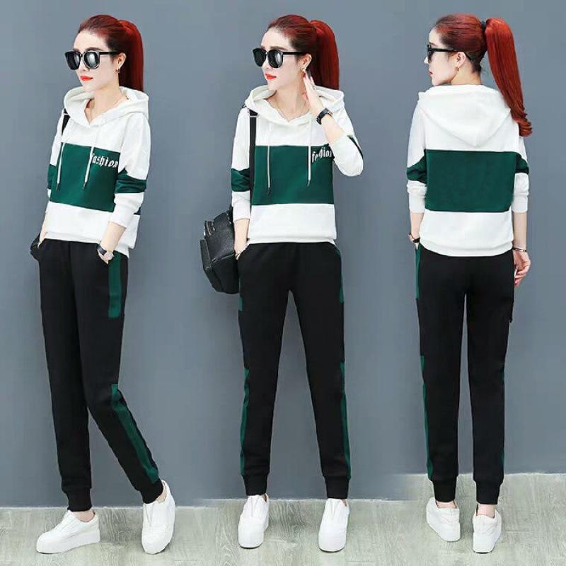 Autumn and Winter Sports Suit Women's Casual Korean Style Loose Slim Hooded Sweatshirt Large Size Two-piece Set