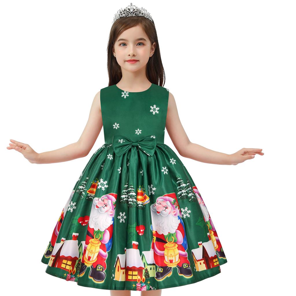 Children's Christmas Dress Cartoon Print Bow Dress Christmas Performance Sparkling Kids Birthday Dress Elegant Soft Party Dress Ball Gown for Girls
