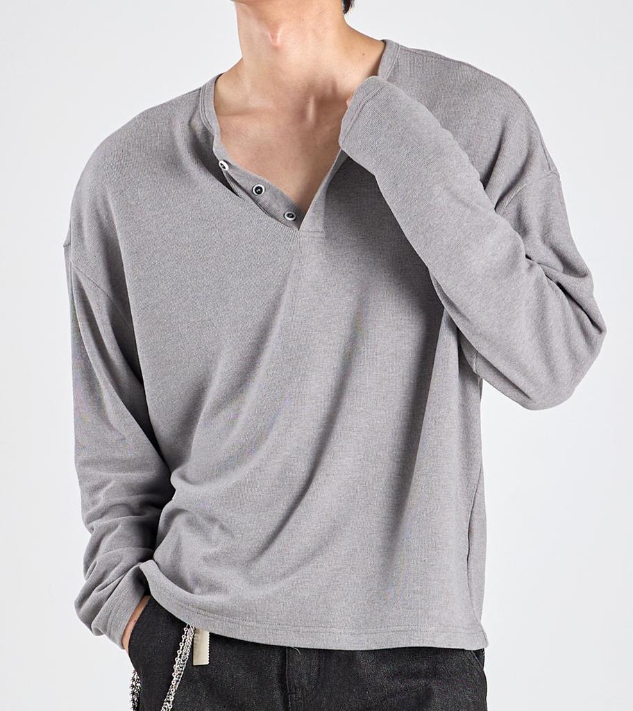 Beoteunseoul Ecocosy Henley Neck Knit T-Shirt (Gray)