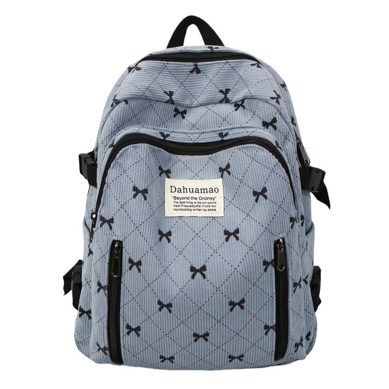 Schoolbag trendy schoolbag women's new corduroy large capacity bow printing student backpack high value backpack