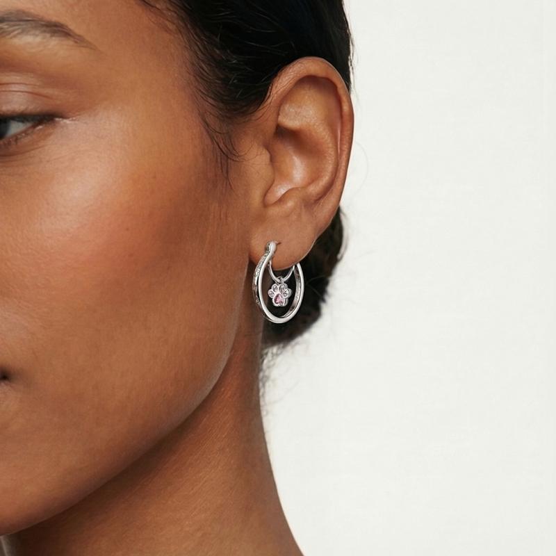 925 Sterling Silver Cute Cat Paw Dangle Hoop Earrings Pink Cubic Zirconia Paved Minimalist Pet Lover Jewelry for Women Gift