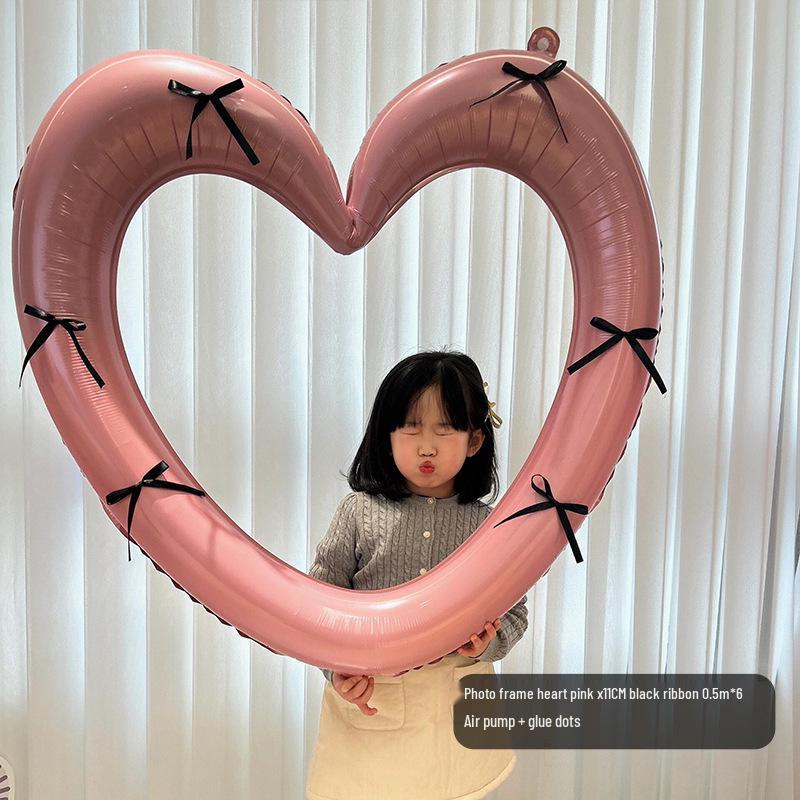 Pink Big Heart Photo Frame Balloon - Aluminum Film Birthday Decoration for Children's Party, First Birthday Photo Props