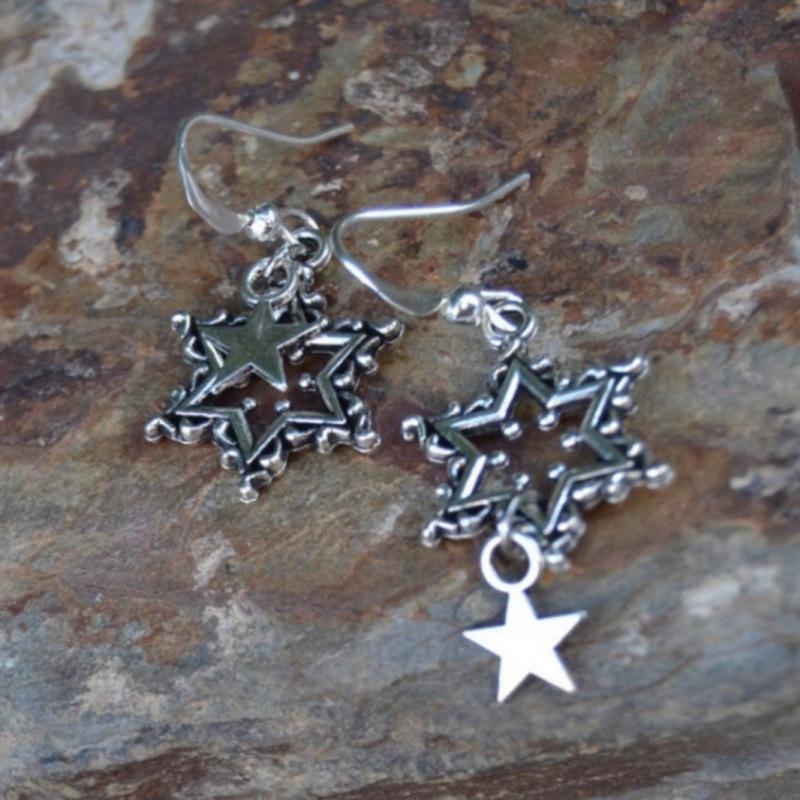 Exquisite Star-Shaped Silver Dangle Earrings with Stainless Steel Hooks