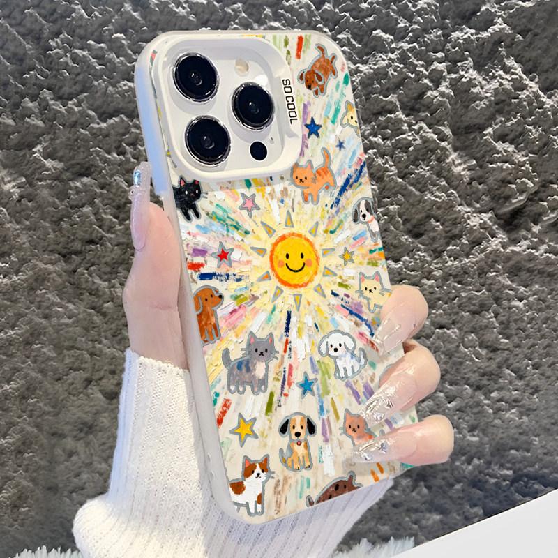 Cartoon Frosted Silver Phone Case for Apple 14/15/16/17 Pro/Pro Max/Plus, Sun Cat & Dog Design