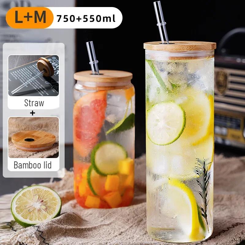 Drinking Cup Glasses with Bamboo Lid Juice Glass Straws Beer MugIce Coffee Mugs Cute Glasses Beer Jars Glasses Brush Drinkware