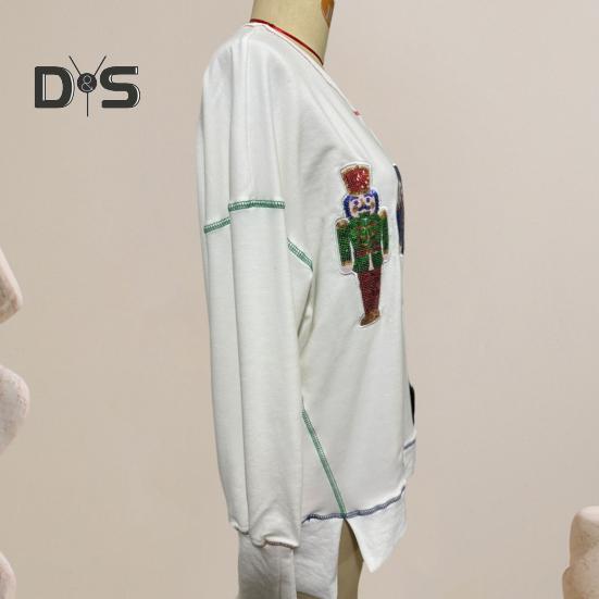 Women Sweatshirt Sequin Cartoon Pattern Slit Hem Round Neck Long Sleeves Christmas Style New Year Party Performance Top