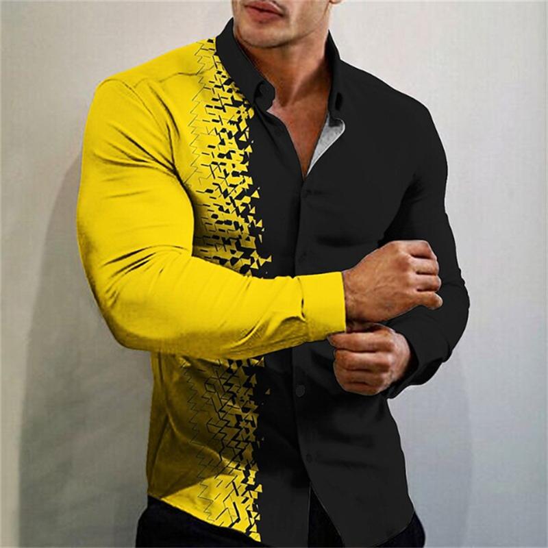 Men's T-shirt Suit Button Shirt Half Splicing Trend Geometric Flower Clear Pattern Soft and Comfortable Shirt Clothing