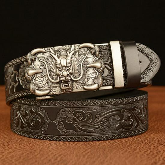 New Men's Embossed Dragon Head Genuine Leather Belt with Automatic Buckle