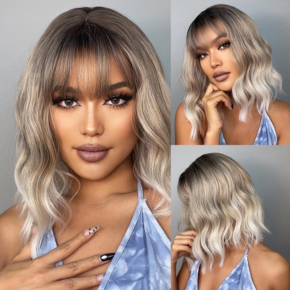 EASIHAIR Light Brown To Platinum Ombre Synthetic Wigs for Women Short Wavy Cosplay Lolita Natural Hair Wig with Bangs Heat Resistant