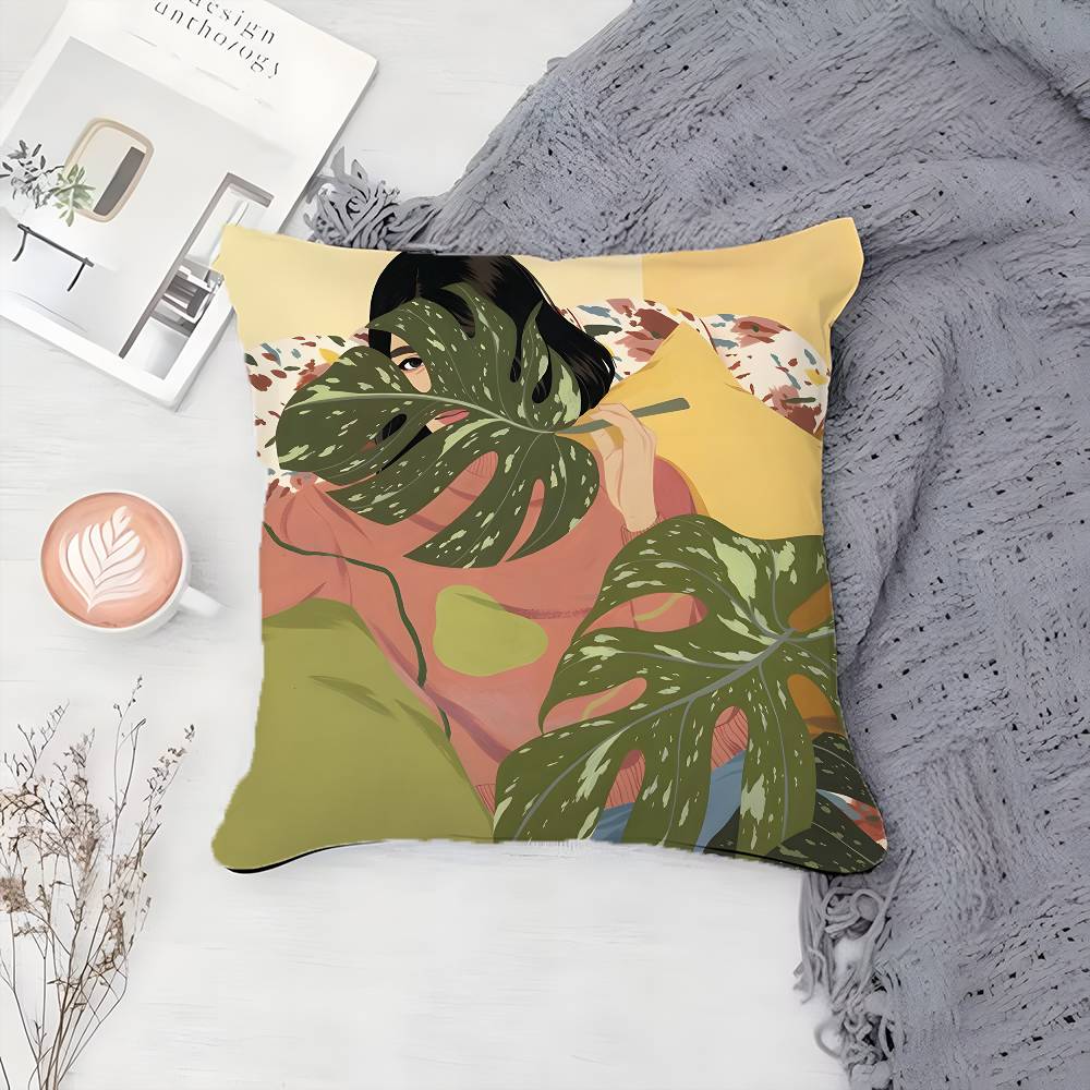 Elegante Einfache Blumenzüchtendes Mädchen Kissenbezug Druck Kissenbezug Wohnzimmer Sofa Kissenbezug Schlafzimmer Zimmerdeko