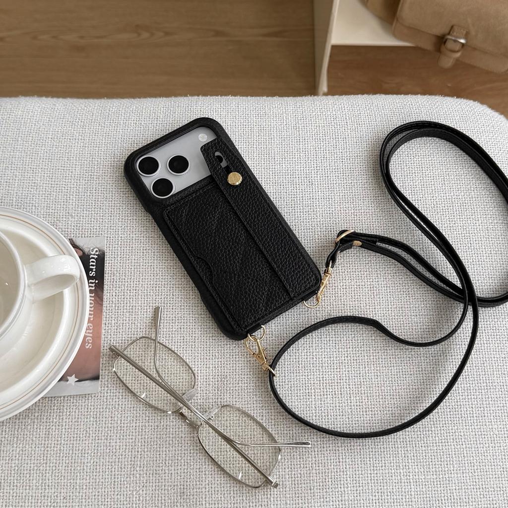 Crossbody Long Lanyard Quilted Leather Wristletband Cards Solt Phone Case for iPhone 17 Pro Max 16 15 14 13 12 Shockproof Cover
