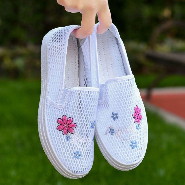 Summer Cloth Shoes Women's Mesh Shoes Flat Bottomed Hollow Casual Shoes Breathable Embroidered Mesh Comfortable and Versatile Shoes