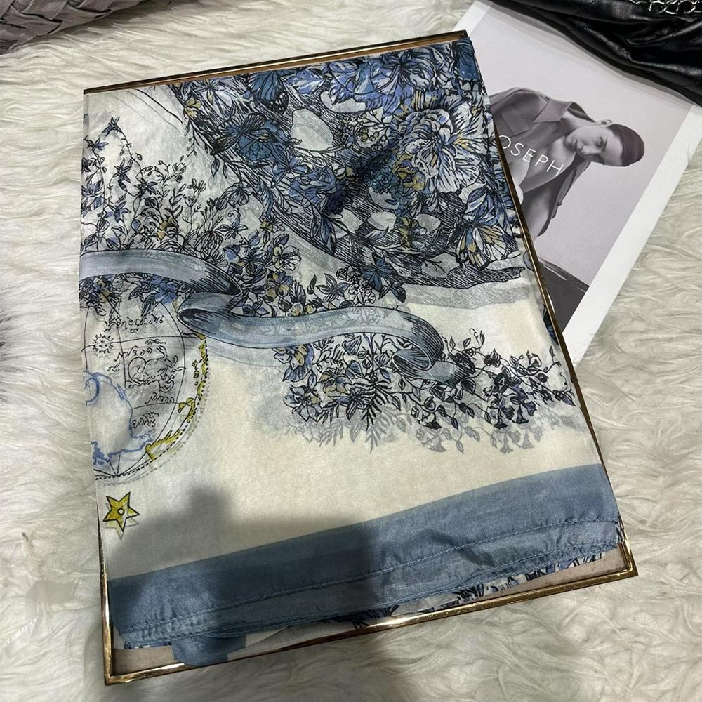 Bysifa|Blue White Silk Scarf Shawl Fall Winter Women Long Scarves Butterflies Design Summer Ladies Beach Silk Wrap Foulard