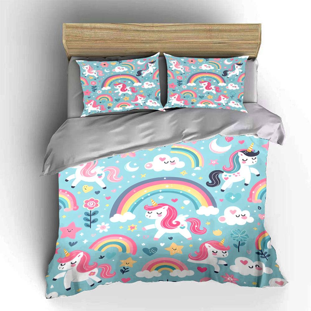 Fantasy Pink Unicorns And Rainbows Print Bedding Set 1 Duvet Cover 2 Pillowcases For Adult And Children Luxury Gift Full Size