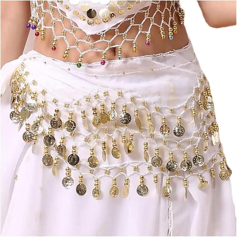 Belly Dance Belts 3 Row Belt Gold Tone Coins Belt Women 140cm Sequins Tassels Chiffon Hip Scarf Accessories for Bellydance Belts