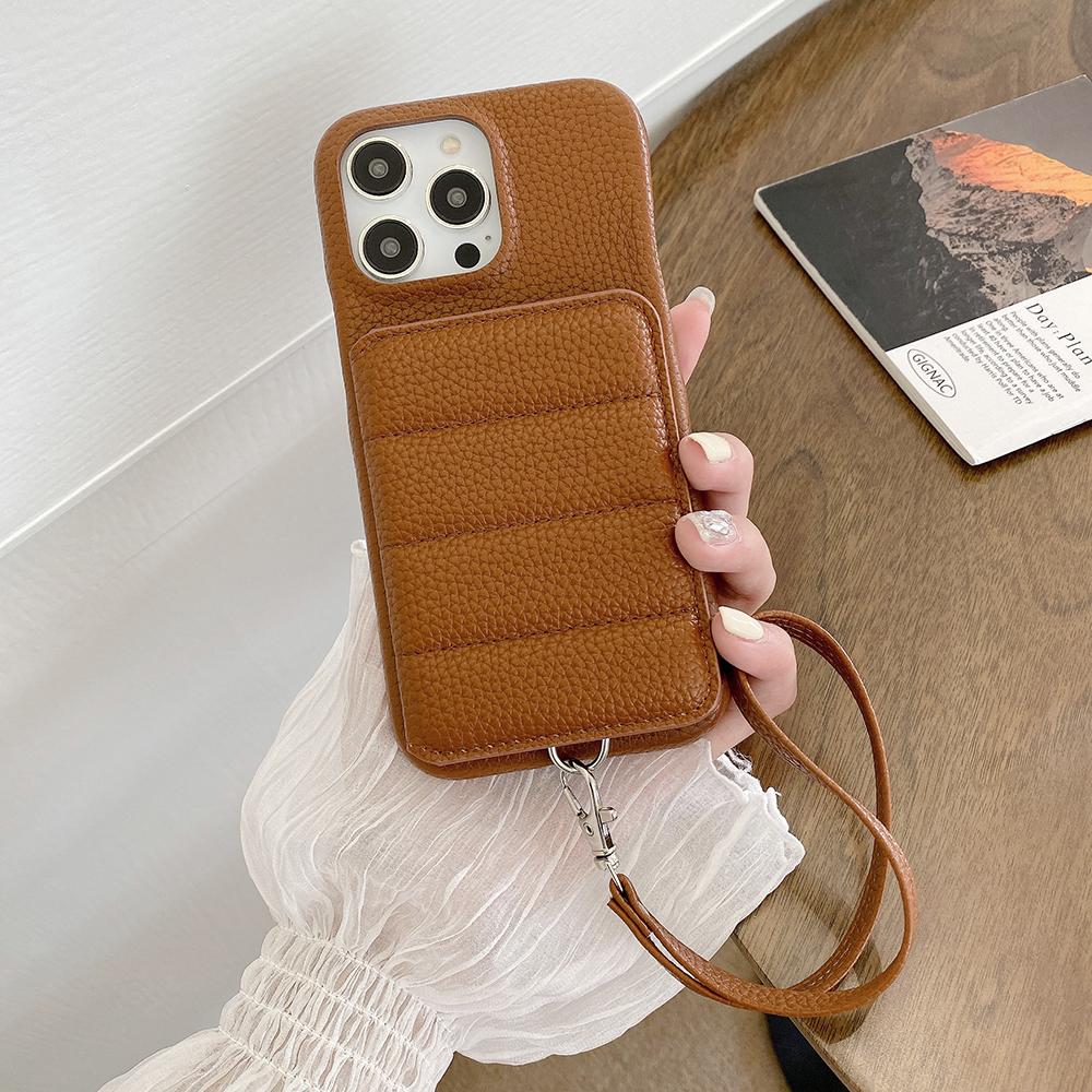 For iPhone 15 Pro Case Card Slots Kickstand PU Leather+PET Phone Cover with Wrist Strap