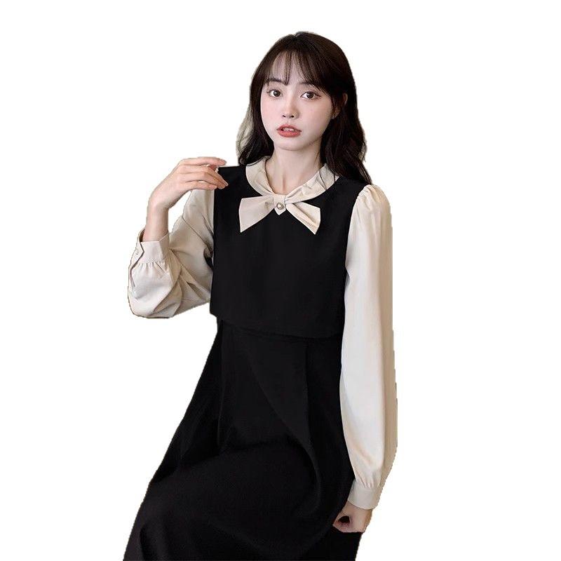 French retro fake two-piece bow contrasting color dress women's autumn dress design sense fat sister high waist shirt skirt Buy cheaply on Joom