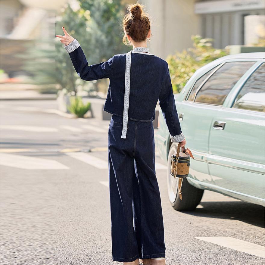 Denim suit women's spring and autumn new fashionable temperament design sense temperament fried street wide-leg pants two-piece set