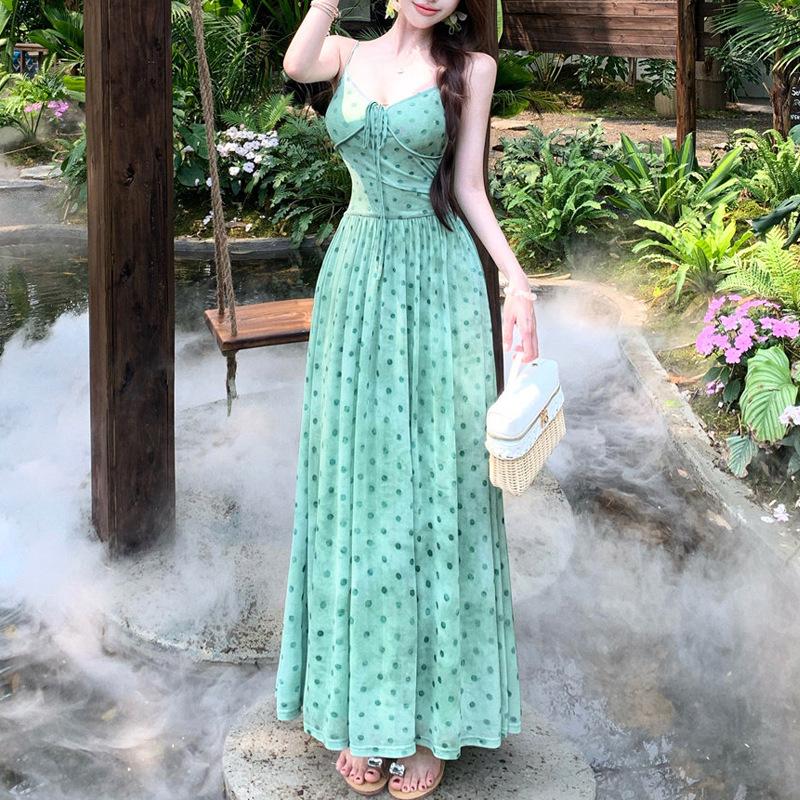 French Red Polka Dot Suspender Dress Women's Summer New Chic and Thin A-shaped Skirt Slim Holiday Dress