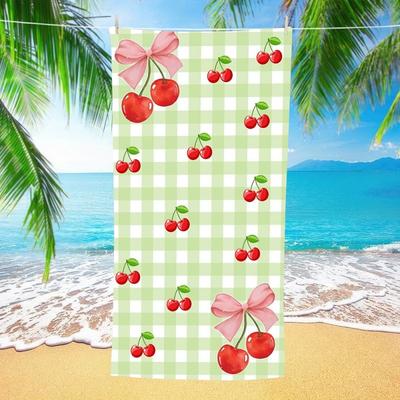 Green Gingham Check Cherry Pink Bow Print Beach Towel Quick Dry Sand Free Cute Towel Sweet Fruit Theme Girls Beach Daily