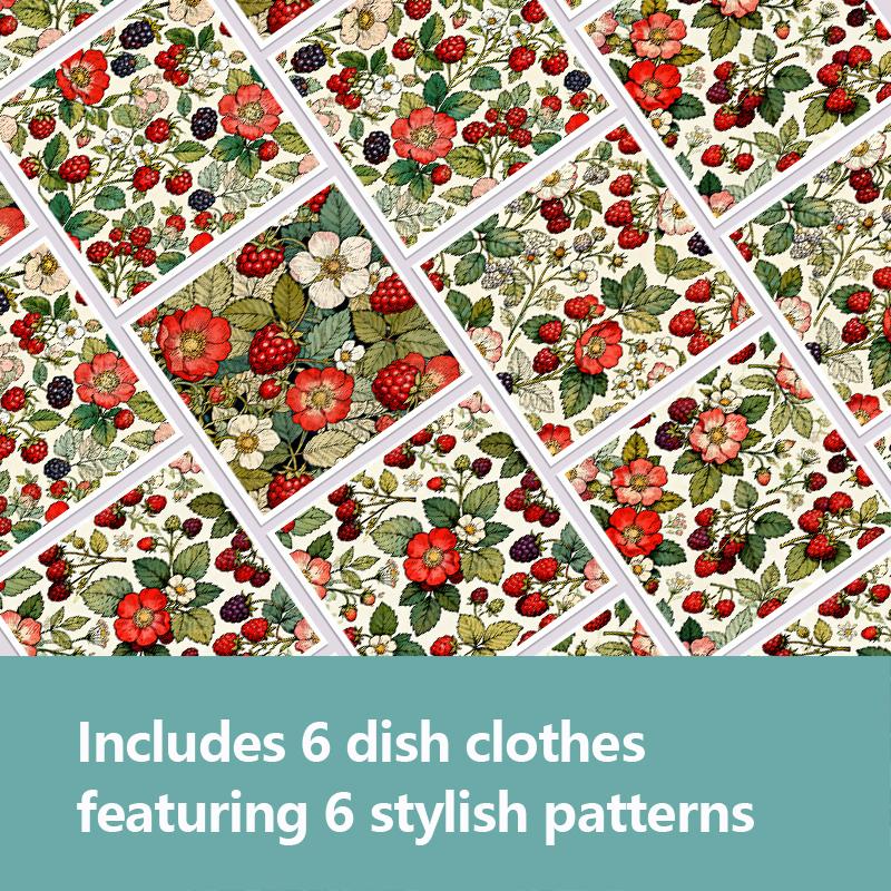 6PCS Cleaning Dishcloths Reusable Kitchen Dish Towels Vintage Floral Berry Print Dishcloth Absorbent Lint Free Cloth Washable Duster Rags Tea Towels
