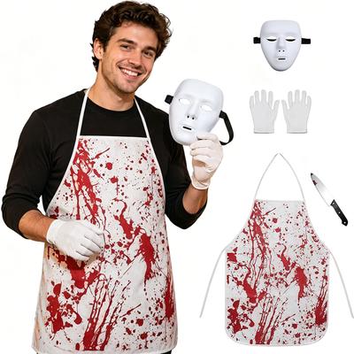 Halloween Bloody Butcher Apron Set Includes Apron Knife Glove and Mask Costume Accessory for Party and Event Use