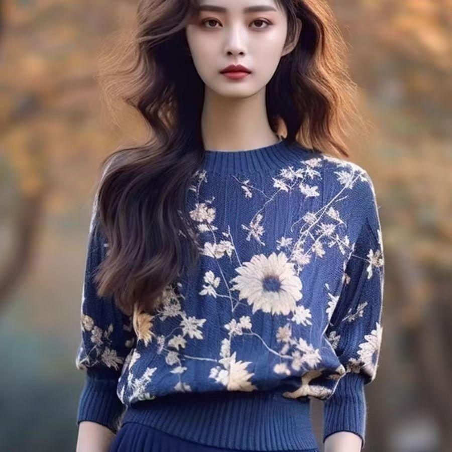 WTEMPO Women Long Sleeve Flower Pullover Sweater Soft Comfortable Jumper Fashion Knitwear Loose Sweater