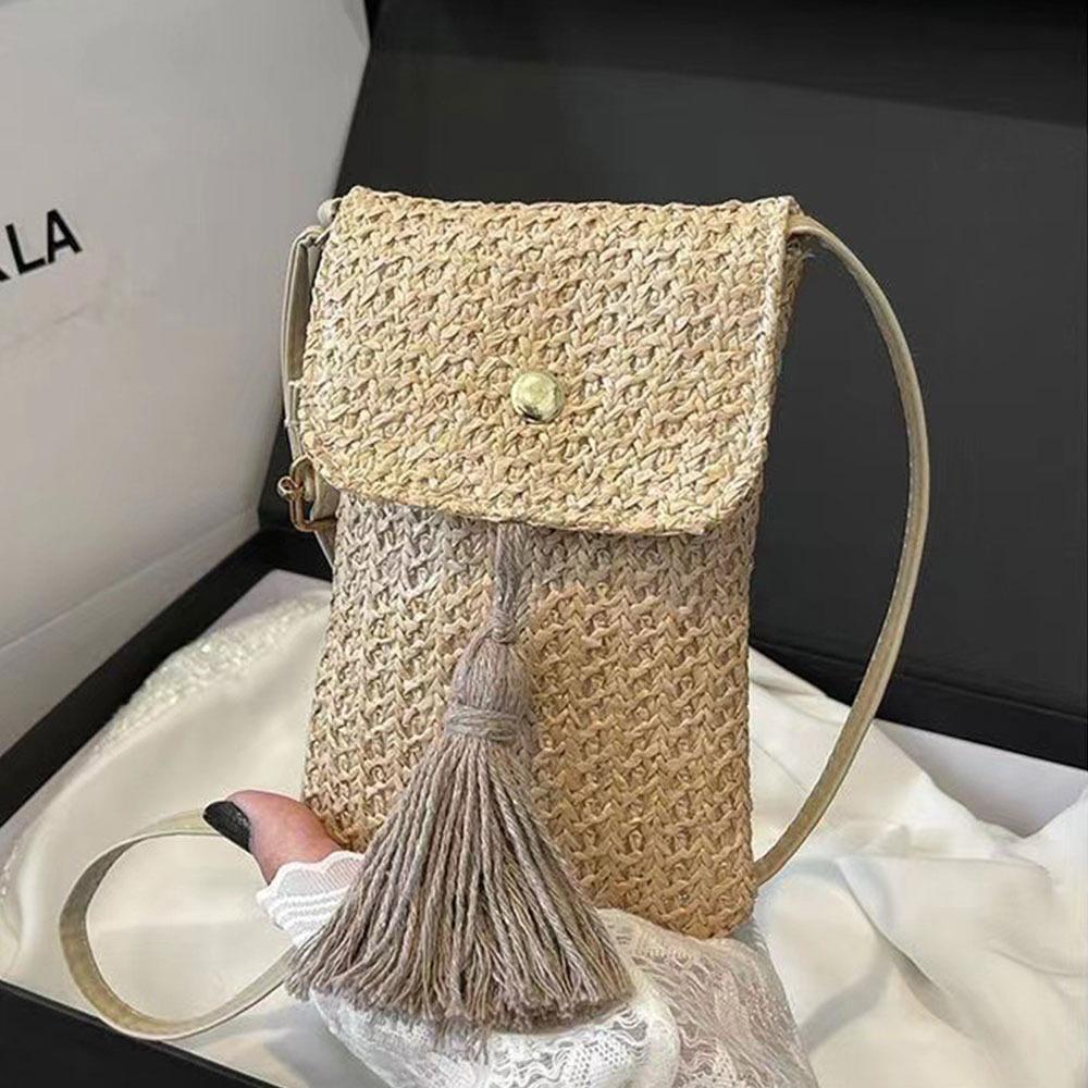 

Casual Braided Women Straw Beach Bag Mini Bohemian Style Shoulder Bag Mobile Phone Bag Summer