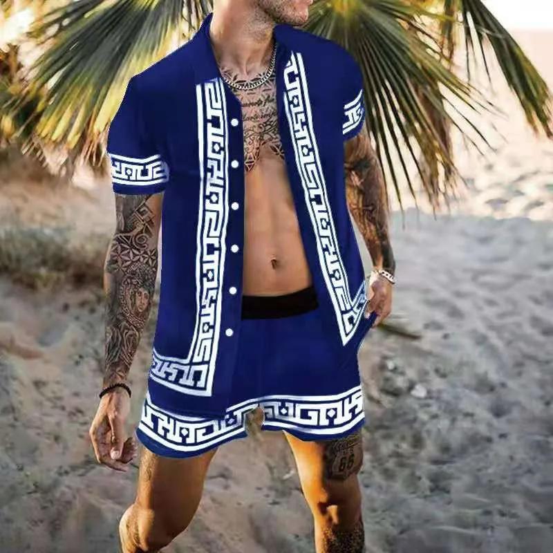 Summer Men's Fashion Leopard Print Short Sleeve Shirt And Shorts Set Beach Style T Shirt Breathable Shorts Two Piece Set