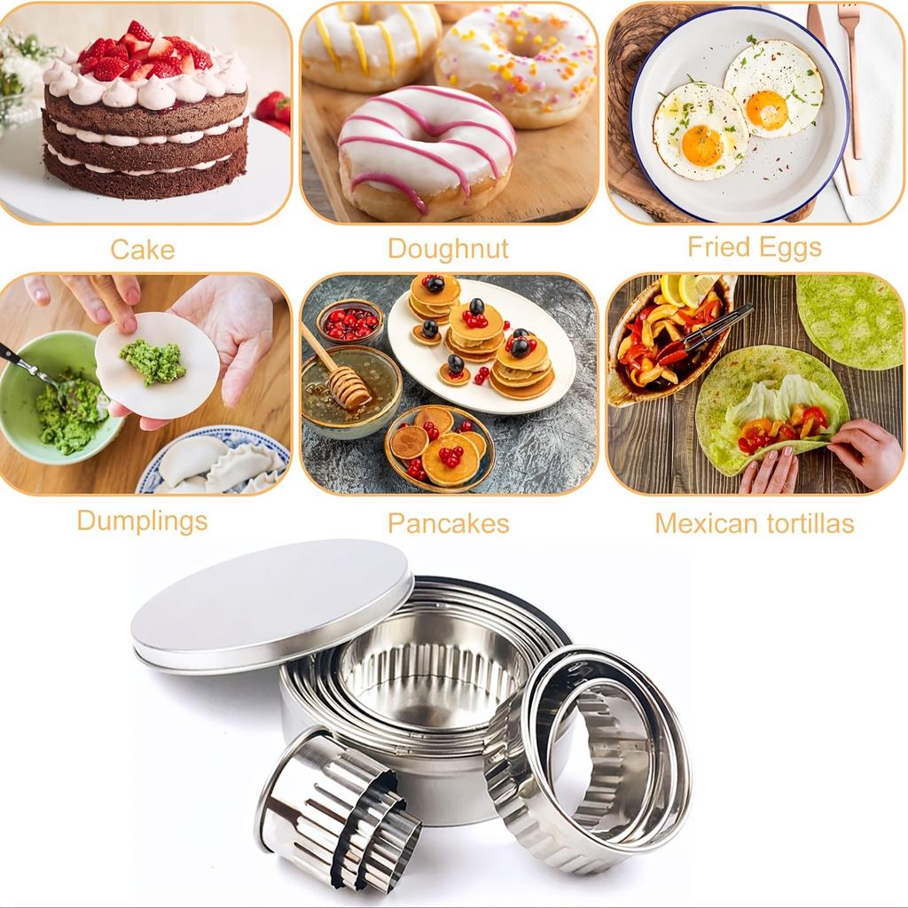 12pcs Stainless Steel Cookie , Biscuit Cutter Set , Fluted Edge, Assorted Sizes for Perfect Pastries, Donuts