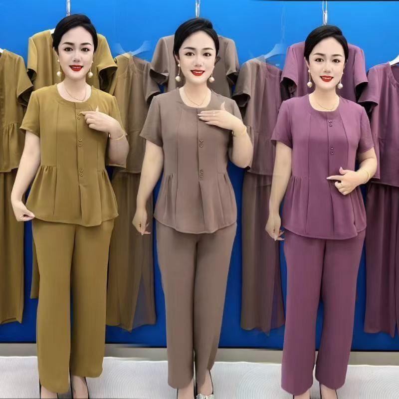Summer 2026 Elegant Slimming Plus Size Ice Silk Two-Piece Set for Moms