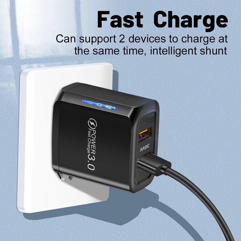2 Ports 36W USB Mobile Phone Charger Quick 3.0 Wall Fast Charging Adapter For iPhone Xiaomi Samsung