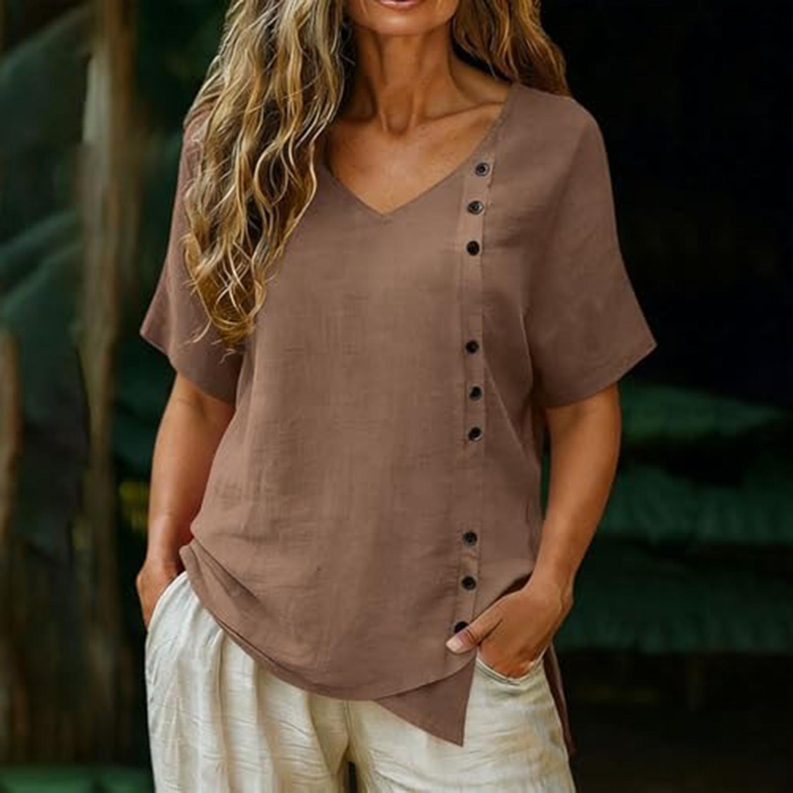 

Women s V-neck Cotton And Linen Buttoned Short-sleeved T-shirt Top S кавовий