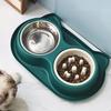 Yousheng Double Bowls Pet Feeder, Slow Feeder Bowl And Stainless Steel Bowl, Spill-Proof Anti-Slip Water And Food Bowl Set for Indoor Cats Dogs