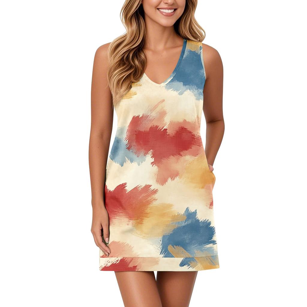 Women's V-neck Sundress Sleeveless Casual Floral Print Dress With Pockets