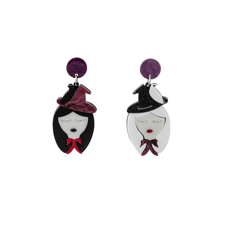 Design Witch Asymmetric Earrings, Creative Cartoon Acrylic Earrings, Black And White Splicing Earrings.
