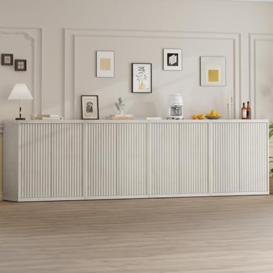 31 Sideboard Cabinet with Storage Fluted Accent Cabinet with Adjustable Shelves Modern Wood Credenza Cabinets with Pop-up Doors