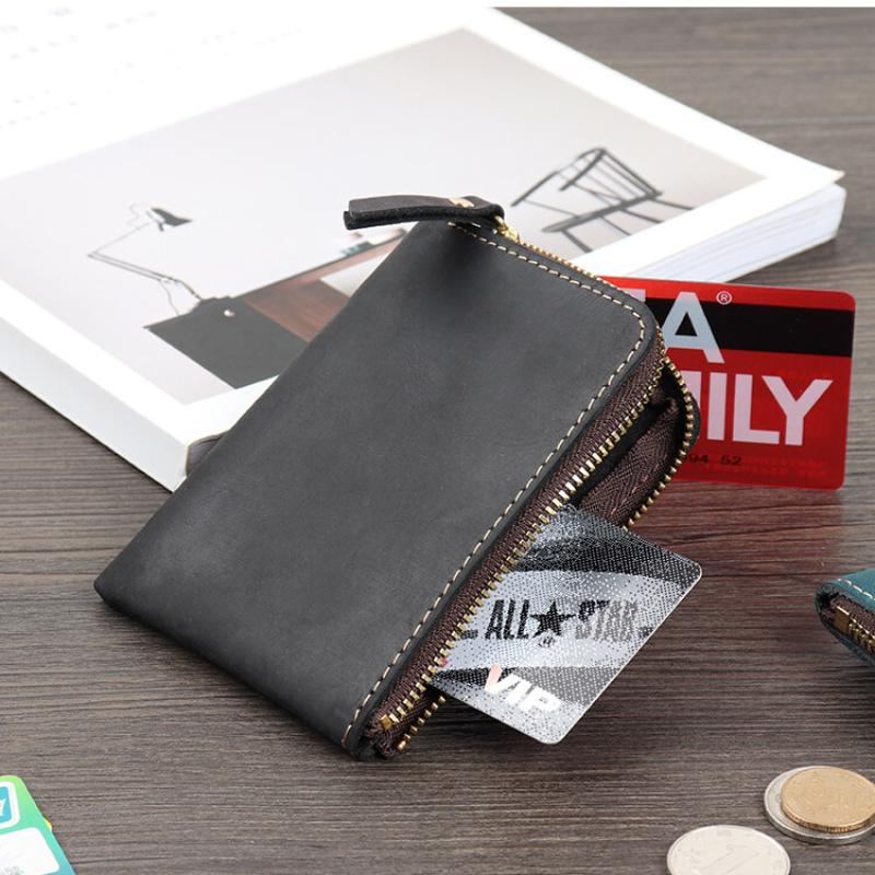 Handmade Crazy Horse Leather Wallet Retro Small Coin Money Bags Simple Wallets Zipper Pouch Card Holdes